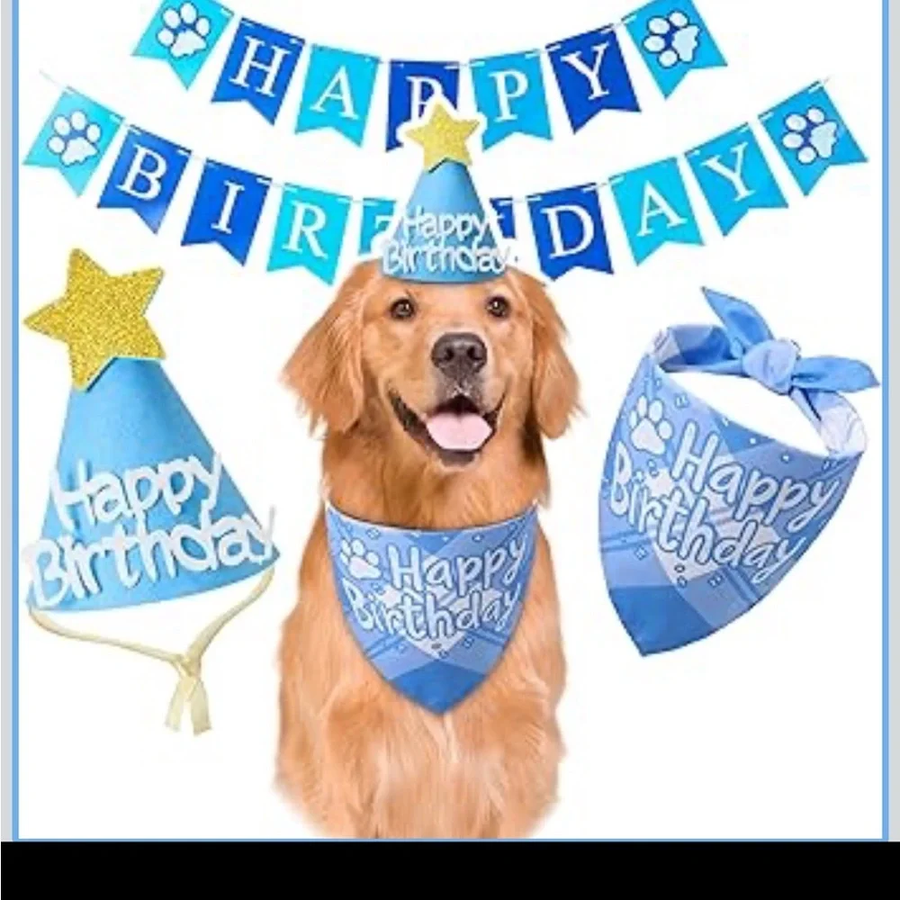 Pet Birthday Bandana Set - Includes Birthday Hat & Banner XL BLUE 3 pc set New